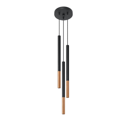 Suspension Mozaica trois tubes en acier noir mat et cuivre sur fond blanc