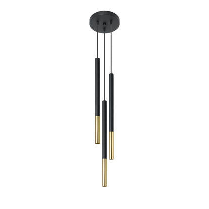 Suspension cascade Mozaica, trois tubes en acier noir mat et doré sur fond blanc
