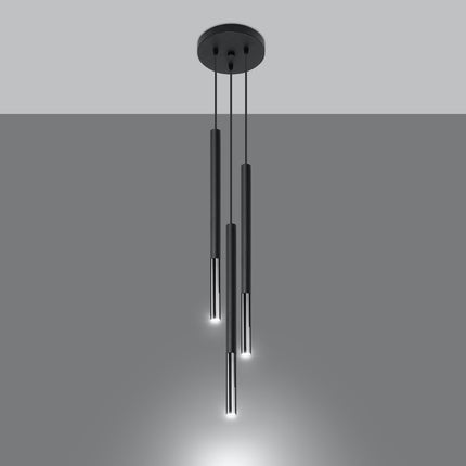 Suspension Mozaica 3 tubes allumée, faisceaux de lumière chaude vers le bas
