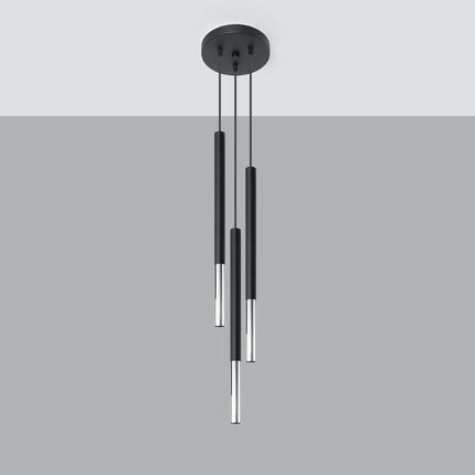 Suspension Mozaica 3 tubes noir et chrome vue depuis le plafond, platine ronde