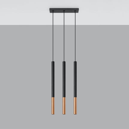 Suspension Mozaica 3 feux au plafond, tubes acier noir et cuivre alignés sur platine