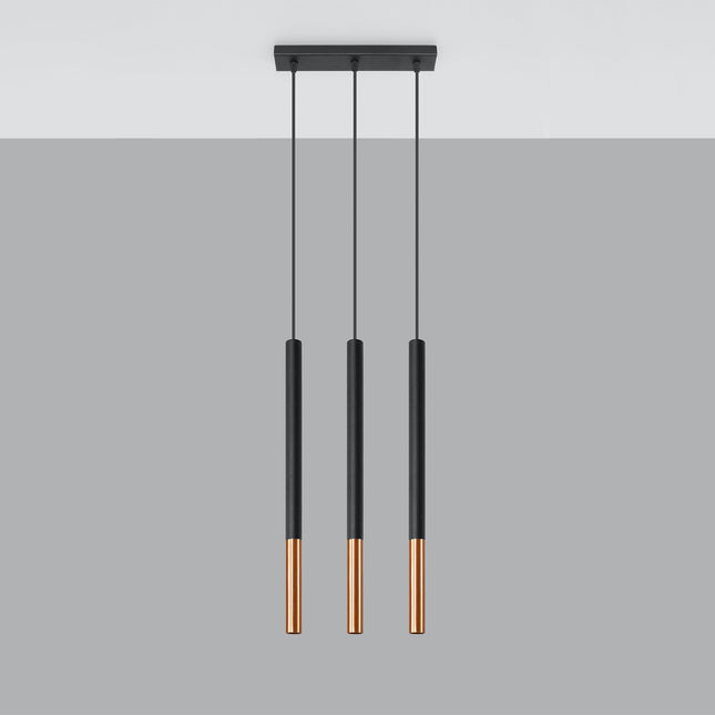 Suspension Mozaica 3 feux au plafond, tubes acier noir et cuivre alignés sur platine