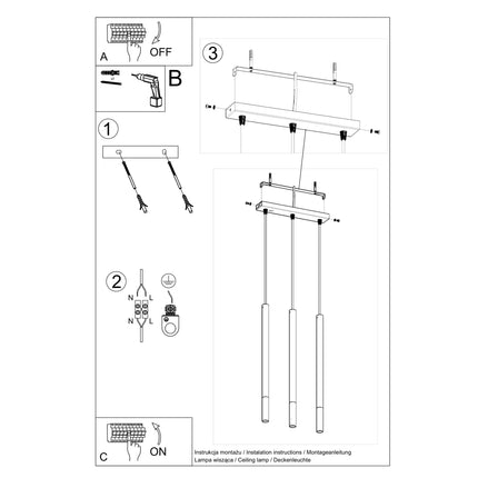 Schéma des dimensions de la suspension Mozaica, barre 30 cm, hauteur 90 cm, tube 49 cm