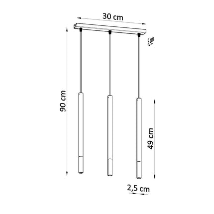 Schéma des dimensions de la suspension Mozaica : platine 30 cm, hauteur 90 cm, tube 49 cm