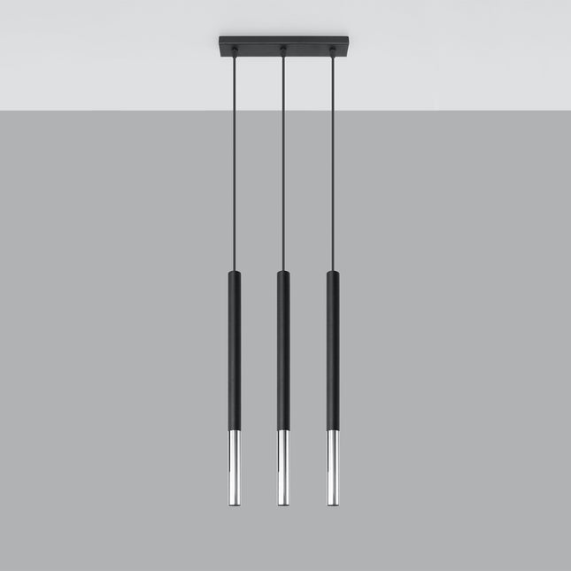 Suspension Mozaica noir et chrome vue de face, trois tubes fins alignés
