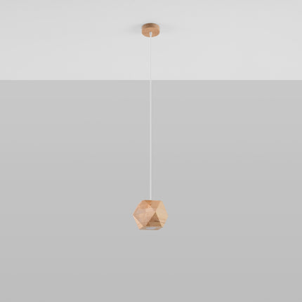 Suspension Multi-Facettes bois naturel au bout de son câble textile blanc, vue d'ensemble