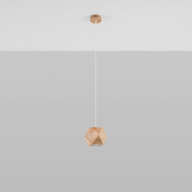 Suspension Multi-Facettes bois naturel au bout de son câble textile blanc, vue d'ensemble