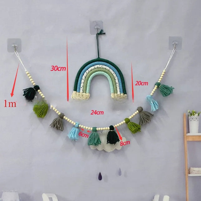 Suspension murale bohème à pompons colorés tissée en coton