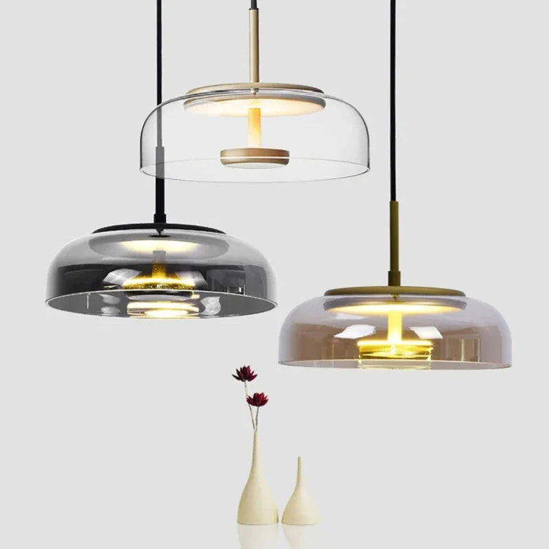 Suspension minimaliste nordique en verre LED, design moderne pour salon.