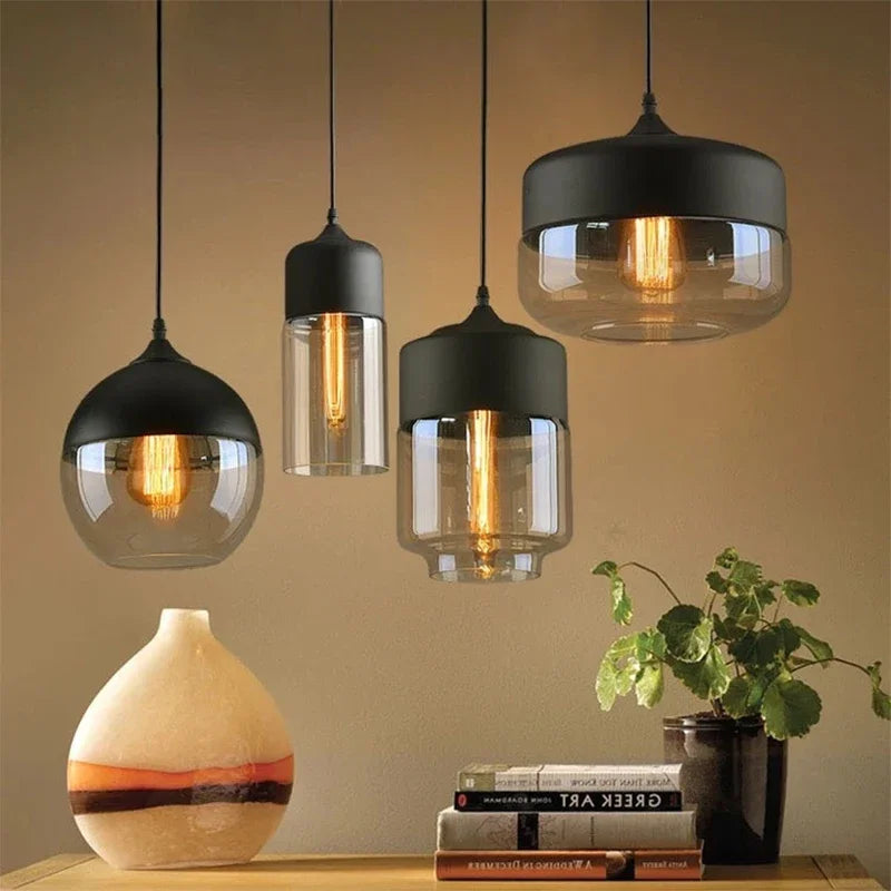 Dimensions Nordische LED-Pendelleuchte aus schwarzem Glas