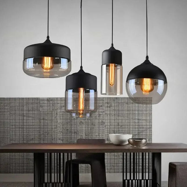 Suspension nordique en verre noir avec base en chrome poli, design minimaliste