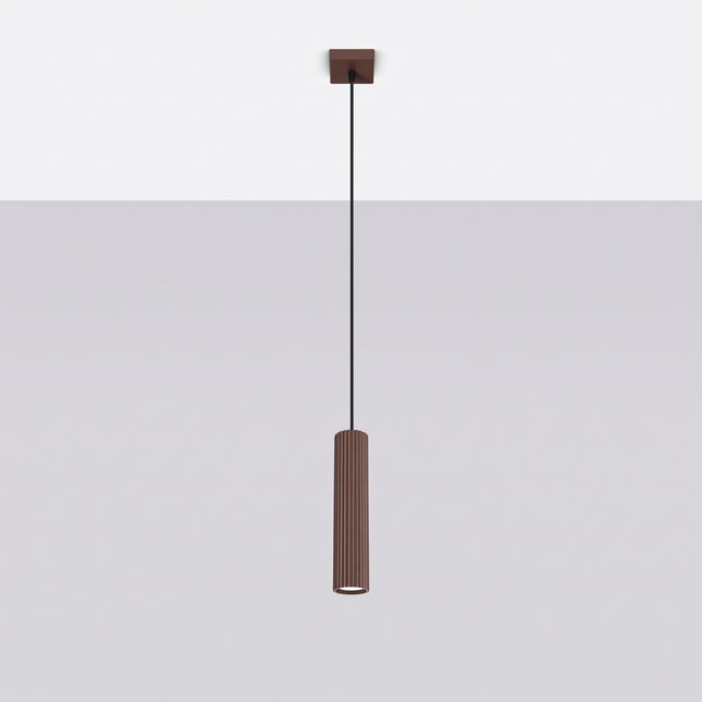 Suspension Oslo 1 Cylindre en Aluminium Cannelé Brun Chocolat, vue en situation