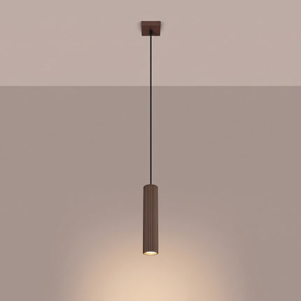 Suspension Oslo 1 Cylindre en Aluminium Cannelé Brun Chocolat, lumière allumée