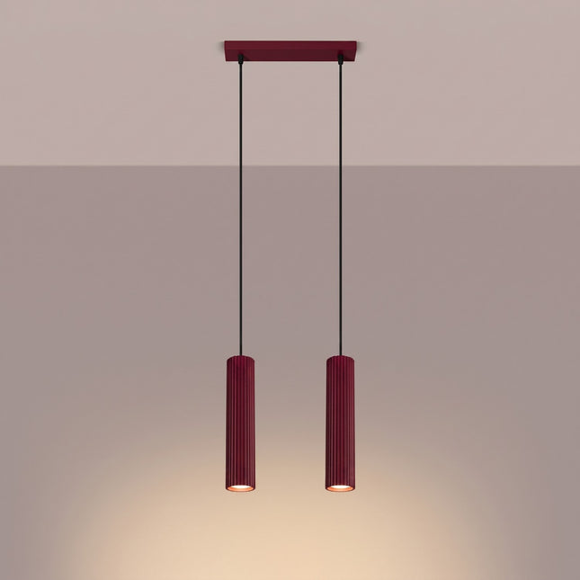 Suspension Oslo 2 cylindres en ligne bordeaux, lumière allumée