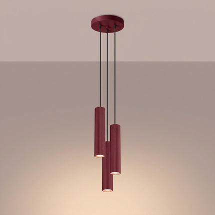 Suspension Oslo 3 cylindres en cascade bordeaux, lumière allumée