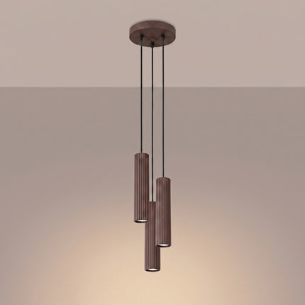 Suspension Oslo 3 cylindres en cascade brun chocolat, lumière allumée