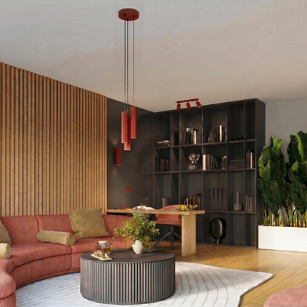 Suspension Oslo 3 cylindres en cascade rouge vif au-dessus d'un plan de travail