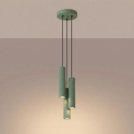 Suspension Oslo 3 cylindres en cascade vert sauge, lumière allumée