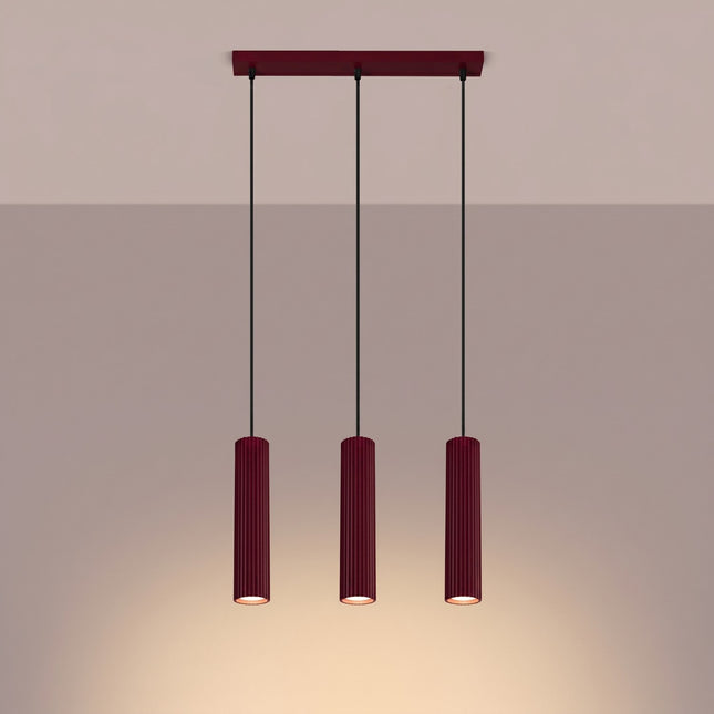 Suspension Oslo 3 cylindres en ligne bordeaux, lumière allumée