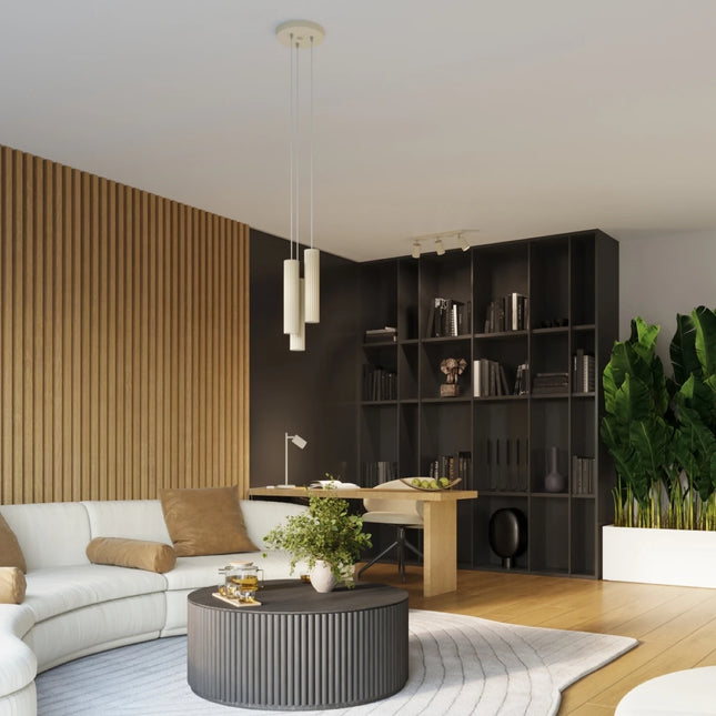 Suspension Oslo 3P en aluminium nervuré beige, vue de trois quarts