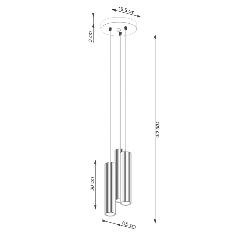 Dimensions Suspension Oslo 3 Cylindres en Cascade en Aluminium Cannelé Blanc