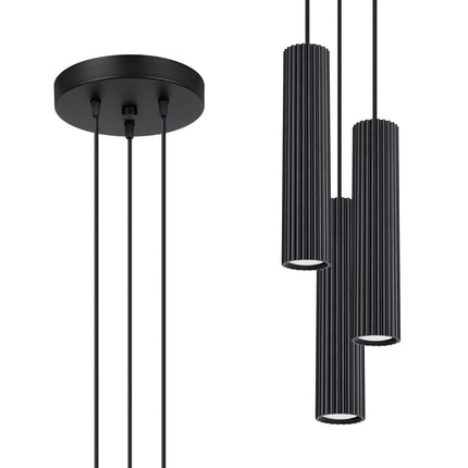 Suspension Oslo 3P en aluminium nervuré noir, vue d'ambiance dans un intérieur