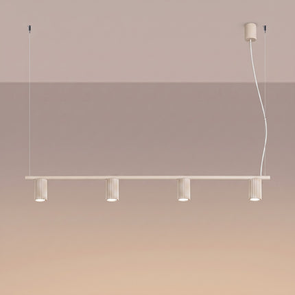 Suspension Oslo Poutre 4 Cylindres 122 cm en Aluminium Cannelé Beige, lumière allumée