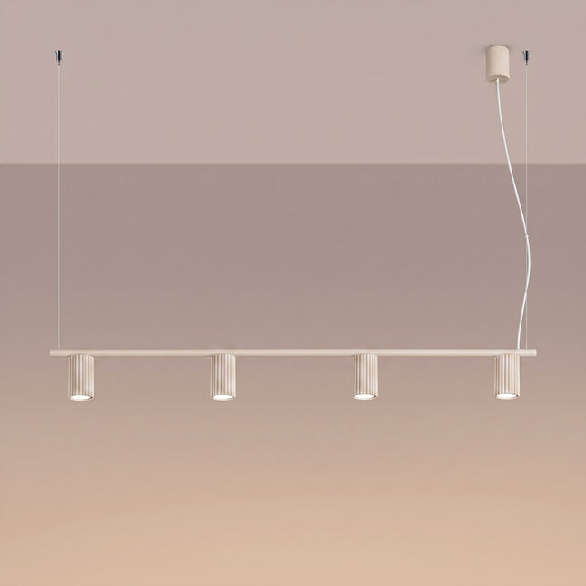 Suspension Oslo Poutre 4 Cylindres 122 cm en Aluminium Cannelé Beige, lumière allumée