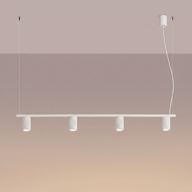 Suspension Oslo Poutre 4 Cylindres 122 cm en Aluminium Cannelé Blanche, lumière allumée