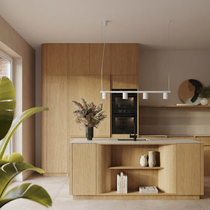 Suspension Oslo Poutre 4 Cylindres 122 cm en Aluminium Cannelé Blanche, mise en situation
