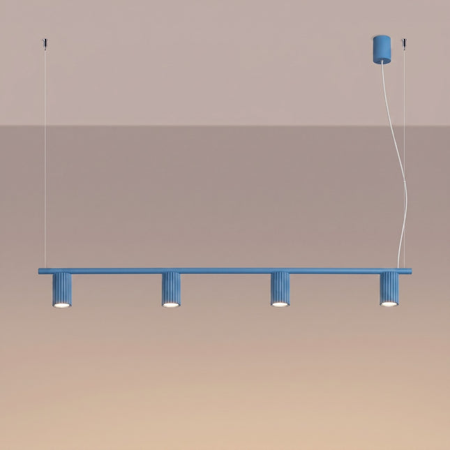 Suspension Oslo poutre 4 cylindres 122 cm bleu ciel, lumière allumée