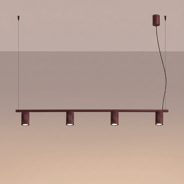 Suspension Oslo poutre 4 cylindres 122 cm bordeaux, lumière allumée