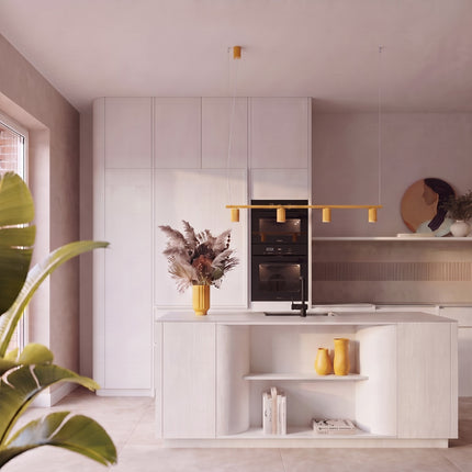 Suspension Oslo poutre 4 cylindres 122 cm jaune ambré dans une pièce à vivre