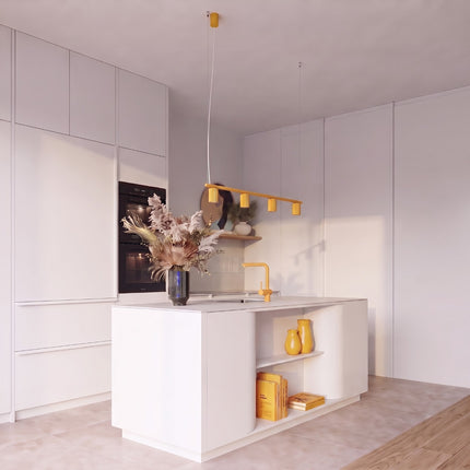 Suspension Oslo poutre 4 cylindres 122 cm jaune ambré au-dessus d'un plan de travail