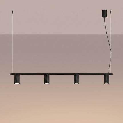 Suspension Oslo Poutre 4 Cylindres 122 cm en Aluminium Cannelé Noire, lumière allumée