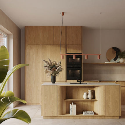 Suspension Oslo Poutre 4 Cylindres 122 cm en Aluminium Cannelé Rouge Ocre, mise en situation