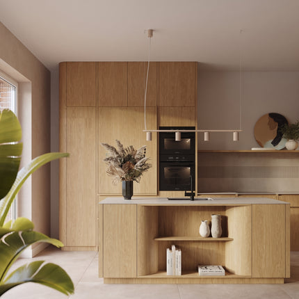 Suspension Oslo poutre 4 cylindres 122 cm taupe dans une pièce à vivre