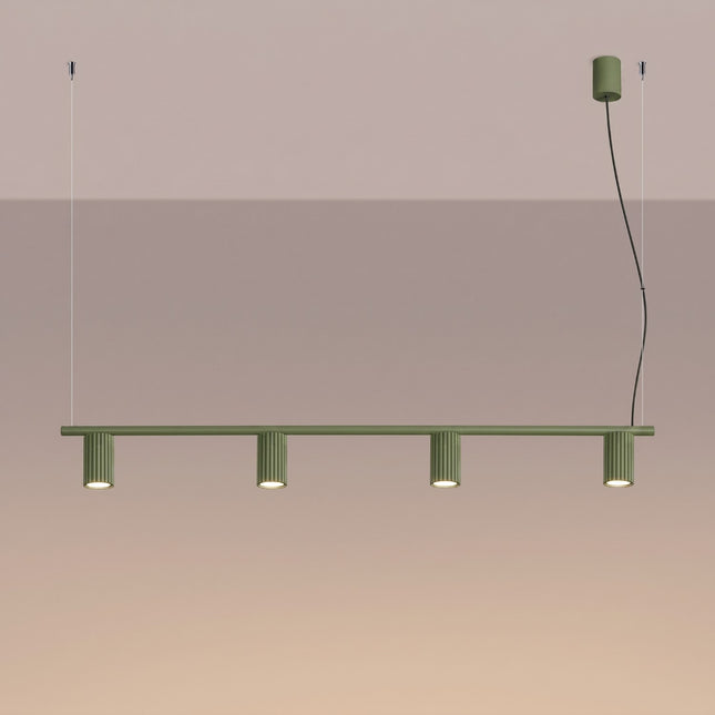 Suspension Oslo Poutre 4 Cylindres 122 cm en Aluminium Cannelé Vert Olive, lumière allumée