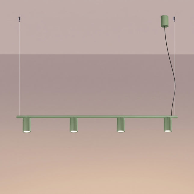 Suspension Oslo poutre 4 cylindres 122 cm vert sauge, lumière allumée