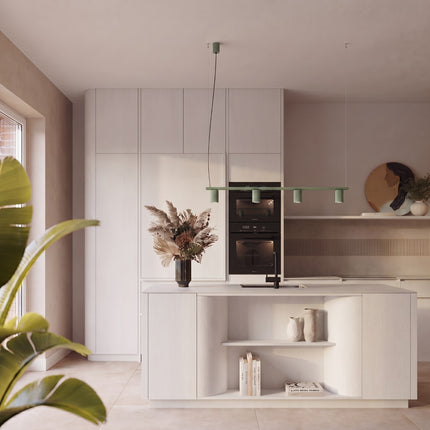 Suspension Oslo poutre 4 cylindres 122 cm vert sauge dans une pièce à vivre