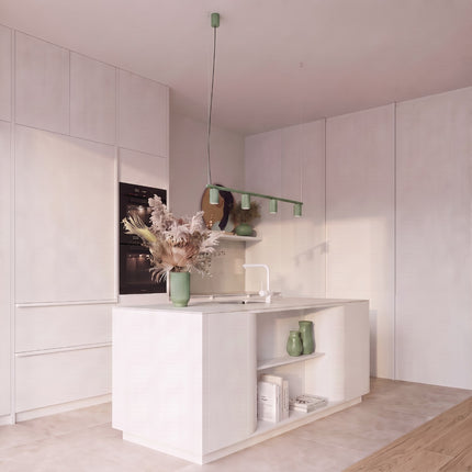 Suspension Oslo poutre 4 cylindres 122 cm vert sauge au-dessus d'un plan de travail