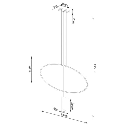 Schéma de cotes de la suspension ovale filaire noire, anneau 81 cm, hauteur max 150 cm