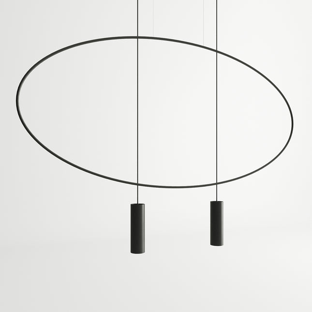 Grande suspension ovale filaire noire à 2 spots GU10, gros plan sur l'anneau en acier, fond blanc