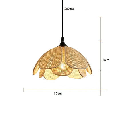 Schéma des dimensions de la suspension en rotin, abat-jour 30 cm de diamètre et 20 cm de hauteur, câble 200 cm