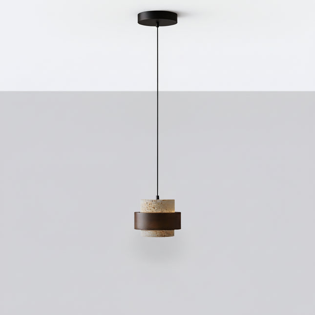 Retro-LED-Pendelleuchte aus Holz und Stein