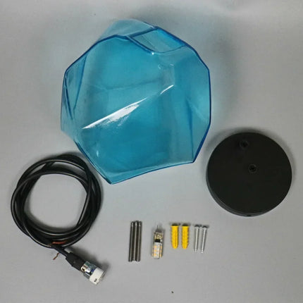 Contenu du kit de la suspension pierre en verre bleu : globe, câble, rosace et ampoule G4