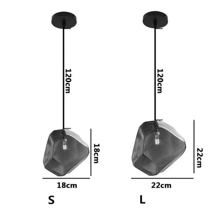 Schéma des tailles de la suspension pierre en verre, 18 cm en S et 22 cm en L