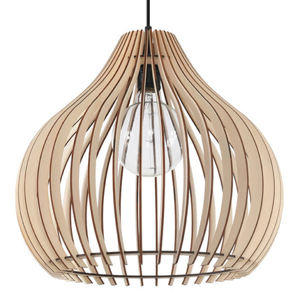 Suspension Poire en Bois, abat-jour en lattes de bois cintrées avec ampoule apparente
