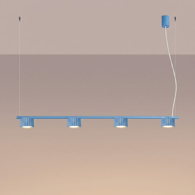 Suspension poutre 4 spots Aura bleu azur, lumière allumée
