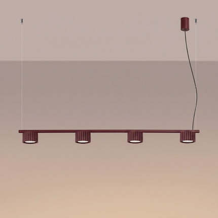 Suspension poutre 4 spots Aura bordeaux, lumière allumée